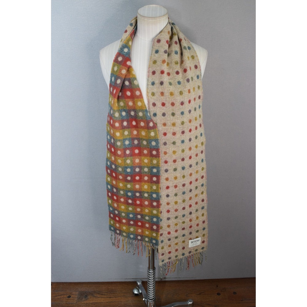 Bronte by Moon Scarf OS Beige Polka Dot Check Wool Reversible Women 72" x 8"